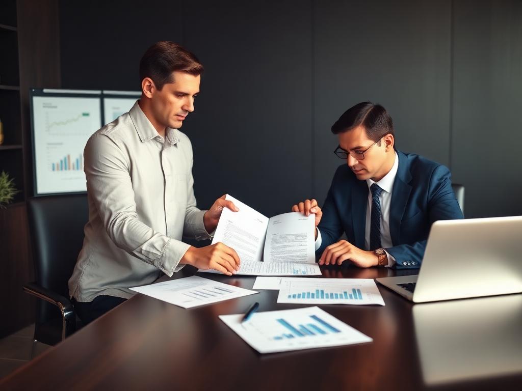 Consultor revisando contratos para refinanciamento